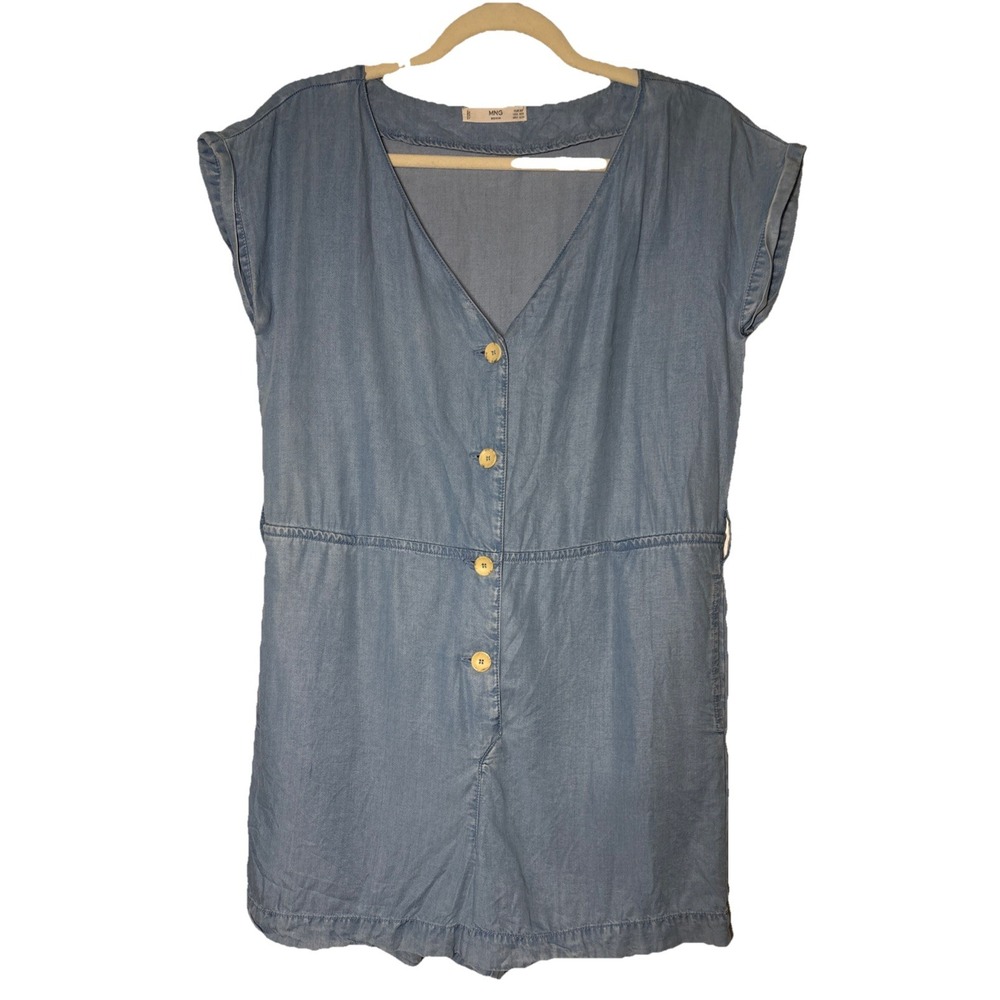MNG Mango Romper Women Blue Excellent Chambray Button Front V-Neck XXS